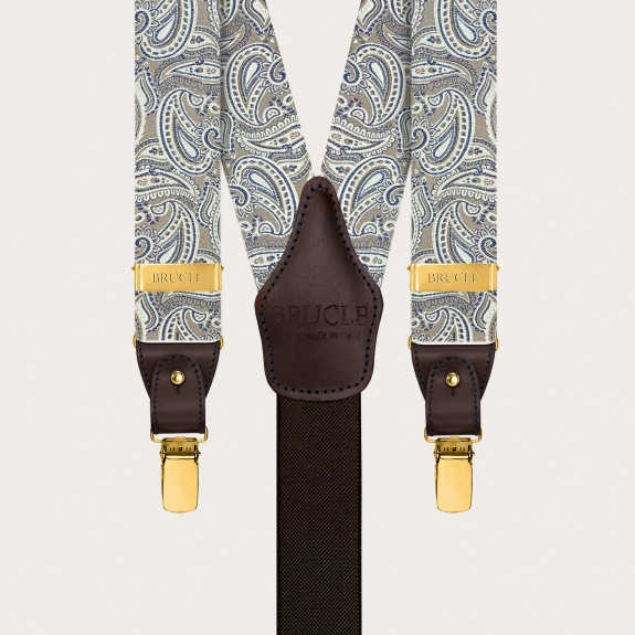 Men’s taupe paisley silk suspenders with gold clips