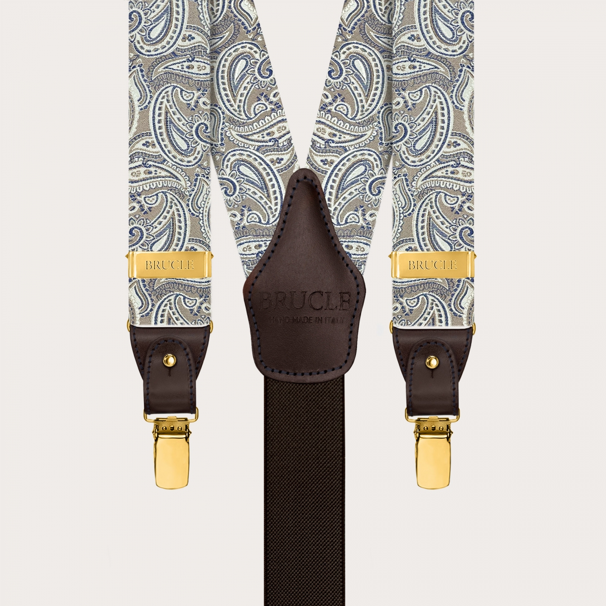 Tirantes de hombre en seda paisley color topo con clips dorados