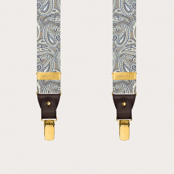 Bretelles homme en soie paisley taupe avec clips dorés