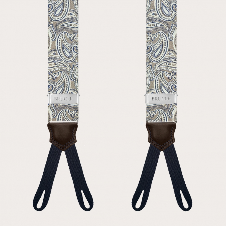 Hosenträger aus Seide mit Paisley-Muster in Taupe und Knopflöchern