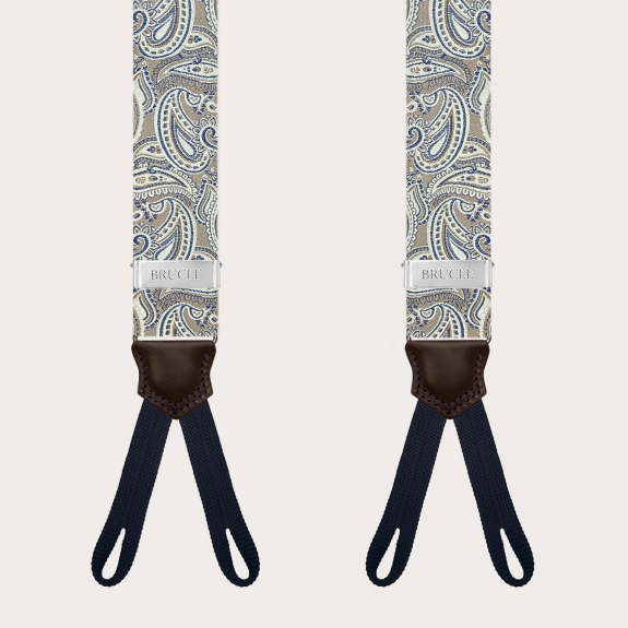 Hosenträger aus Seide mit Paisley-Muster in Taupe und Knopflöchern