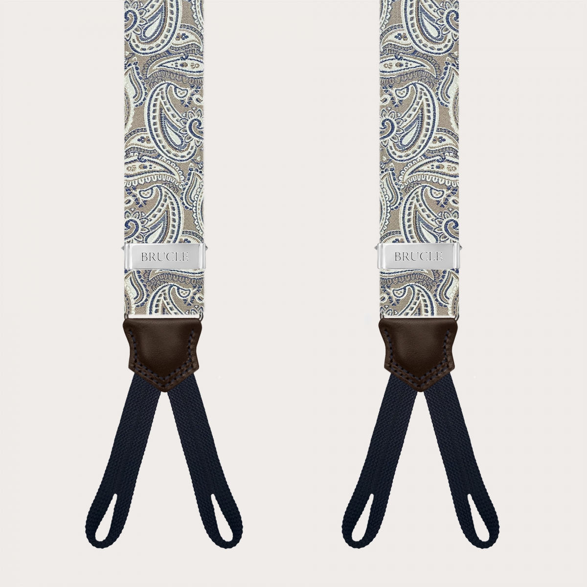 Bretelles en soie paisley taupe avec pattes pour boutons