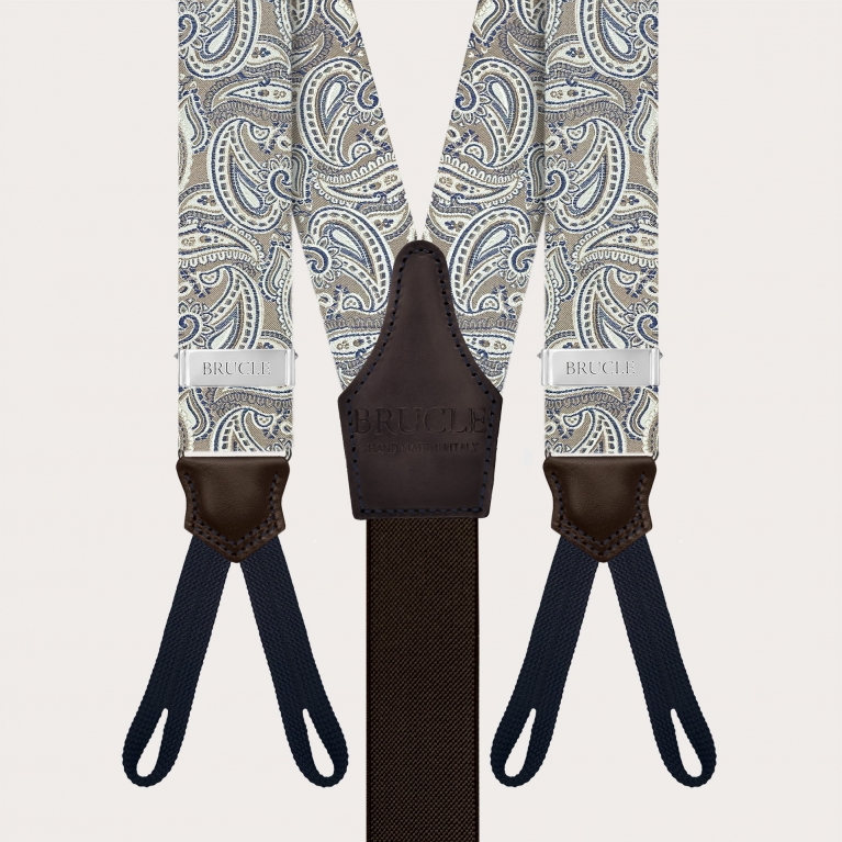 Hosenträger aus Seide mit Paisley-Muster in Taupe und Knopflöchern