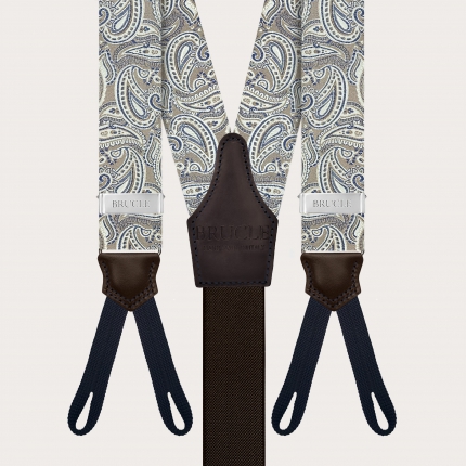 Taupe paisley silk suspenders with button loops
