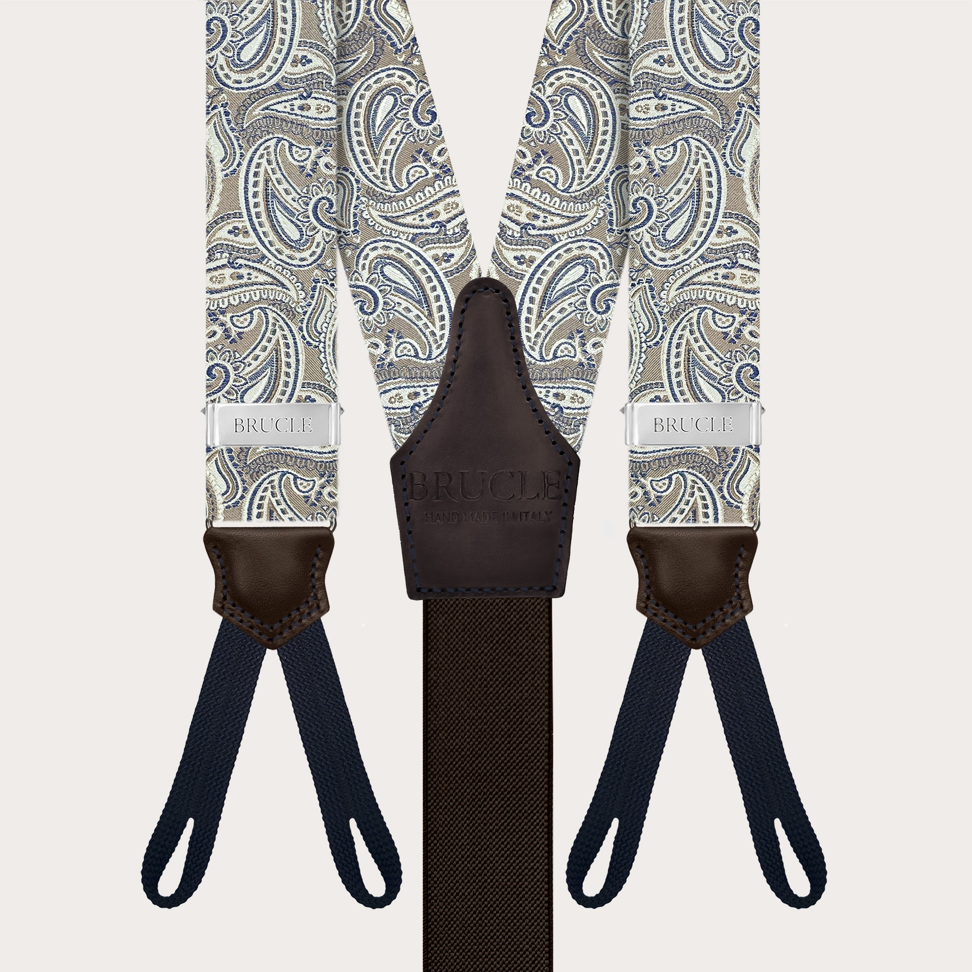 Taupe paisley silk suspenders with button loops