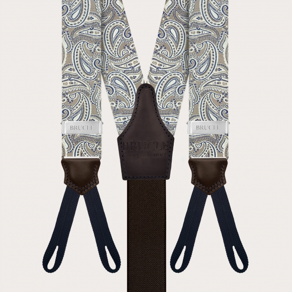 Taupe paisley silk suspenders with button loops
