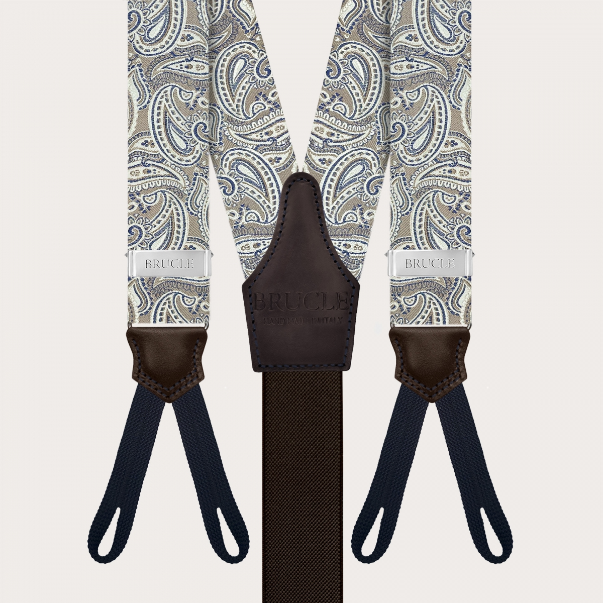 Bretelles en soie paisley taupe avec pattes pour boutons