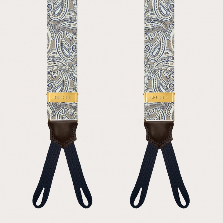 Taupe paisley suspenders for buttons with gold adjusters
