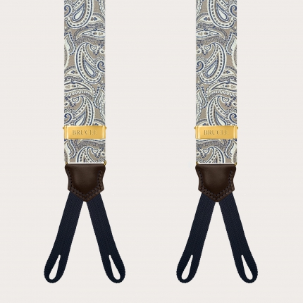 Taupe paisley suspenders for buttons with gold adjusters