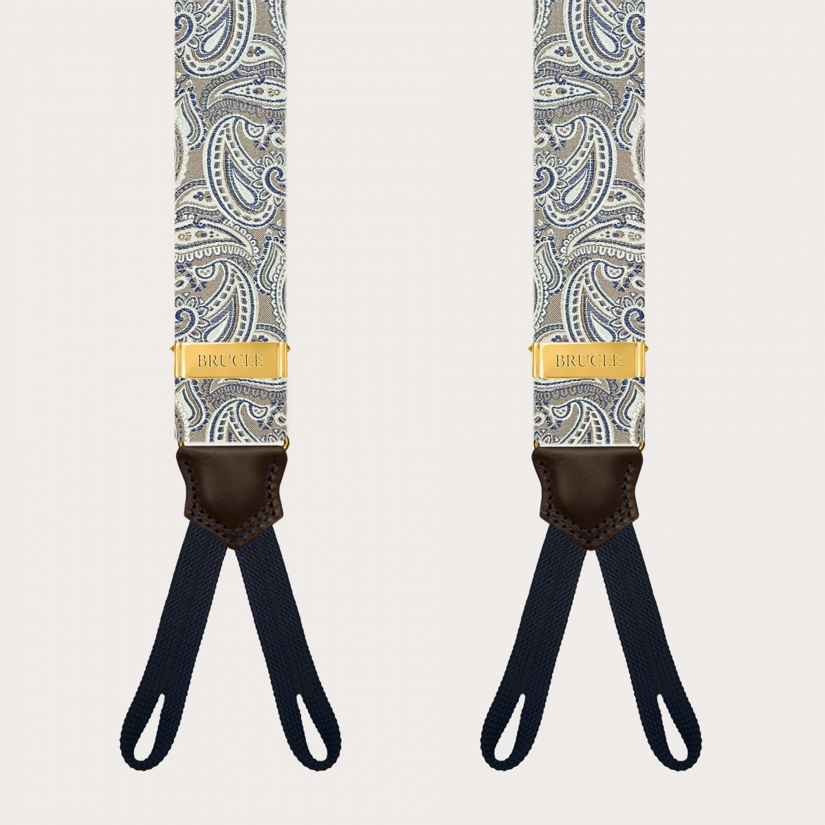 Taupe paisley suspenders for buttons with gold adjusters