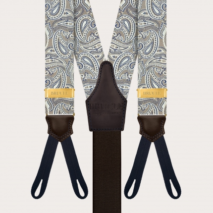 Taupe paisley suspenders for buttons with gold adjusters