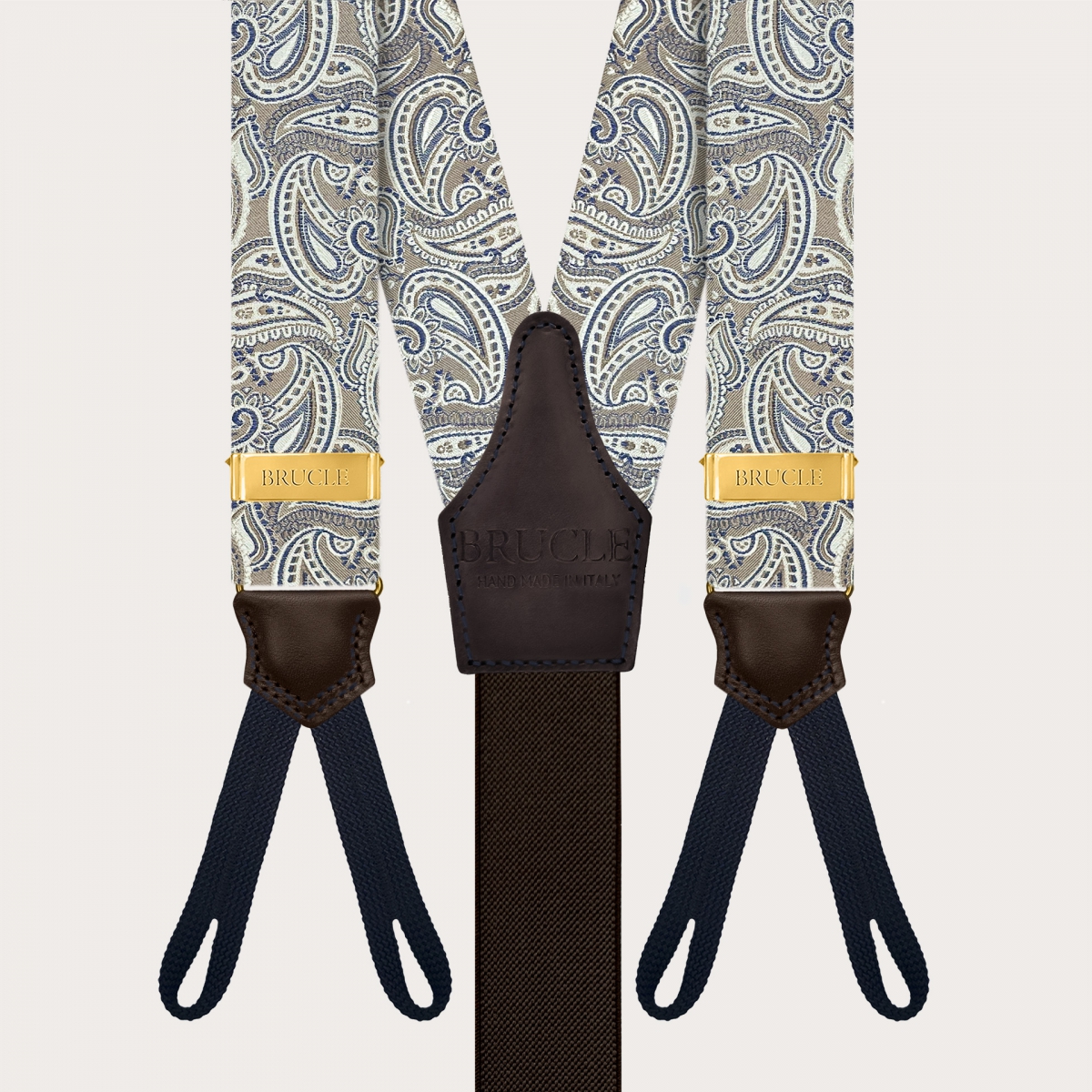 Taupe paisley suspenders for buttons with gold adjusters