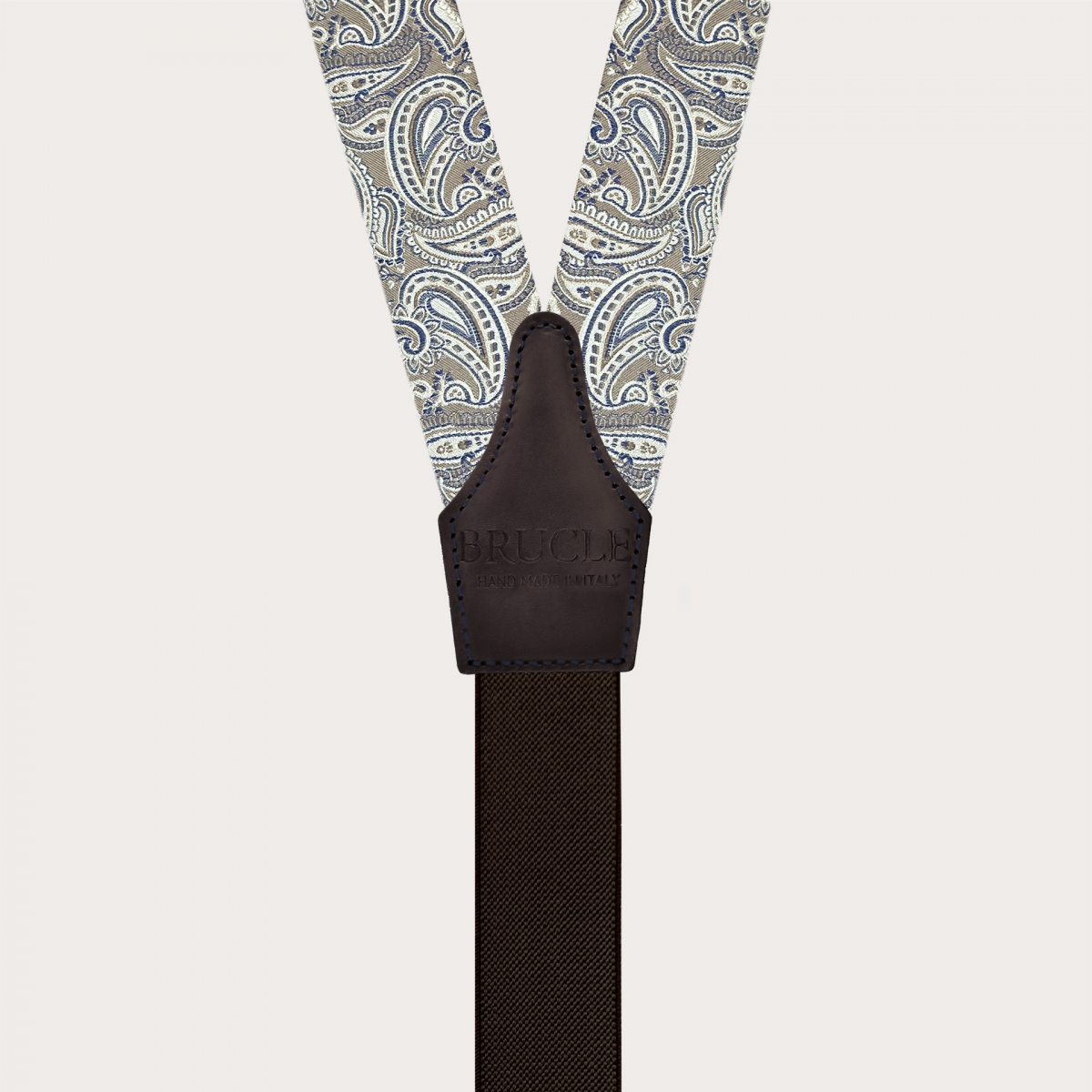 Bretelle per bottoni paisley tortora con regolatori oro