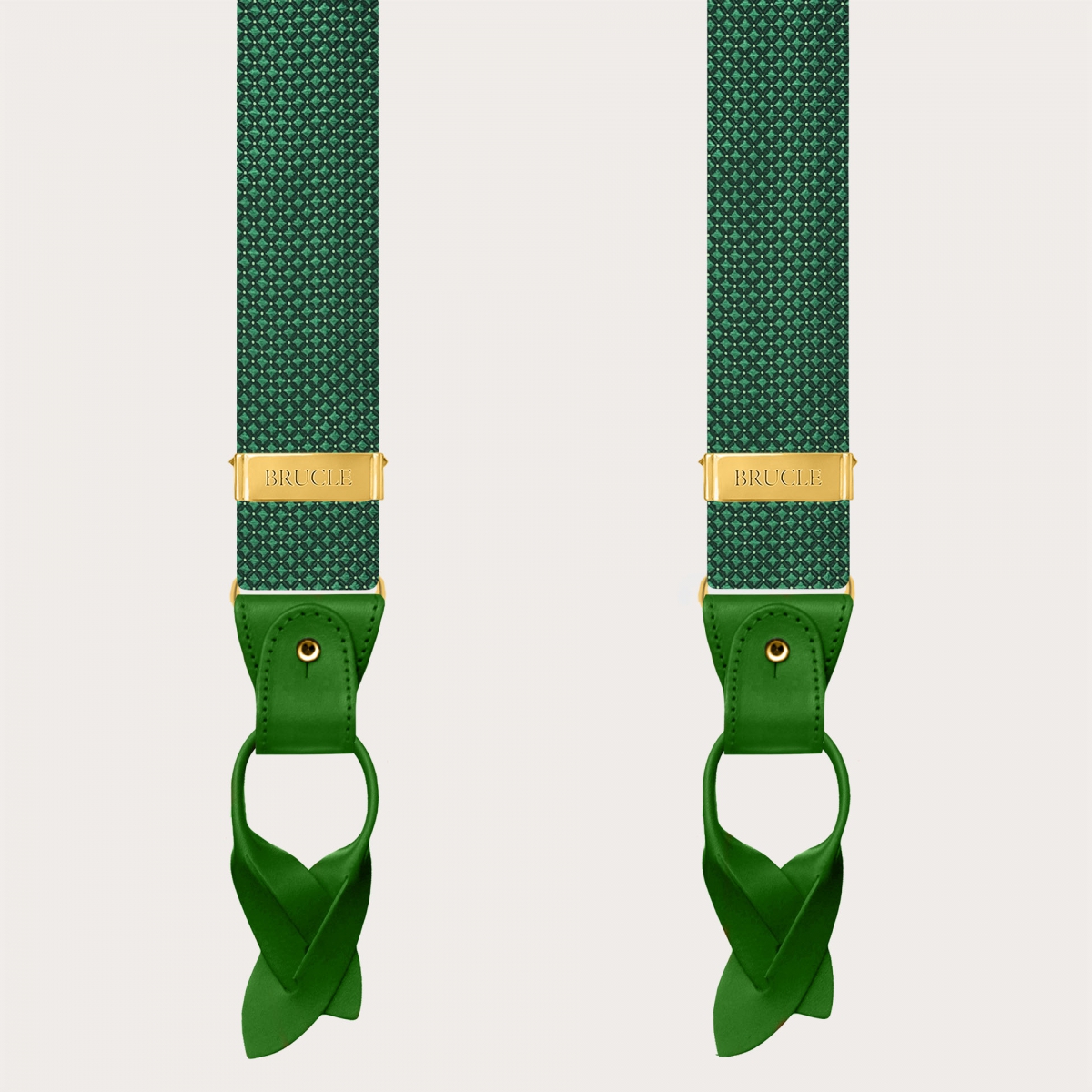 Green pin-dot silk suspenders with gold-tone metal fittings