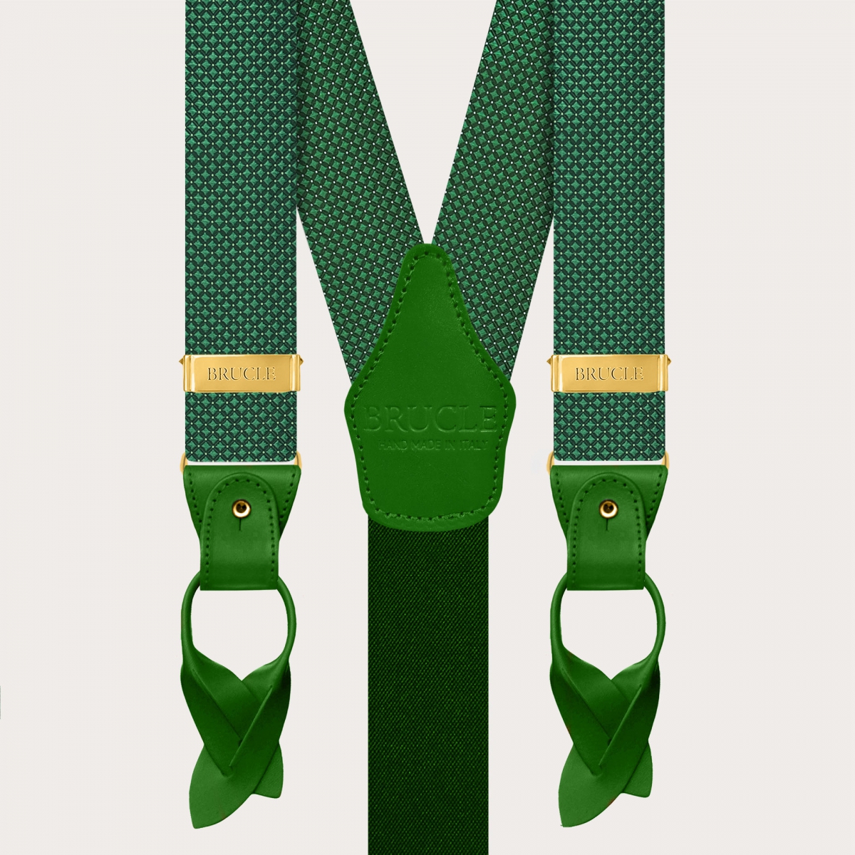 Green pin-dot silk suspenders with gold-tone metal fittings