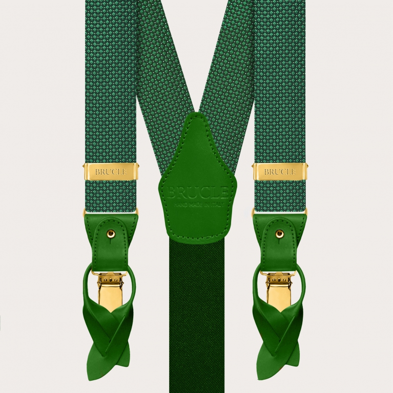 Green pin-dot silk suspenders with gold-tone metal fittings