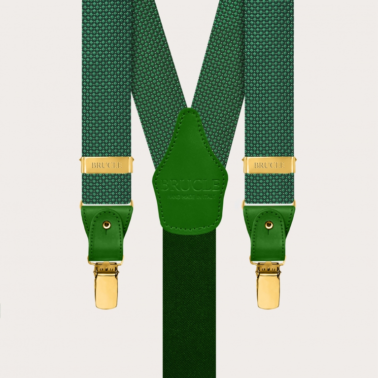 Green pin-dot silk suspenders with gold-tone metal fittings