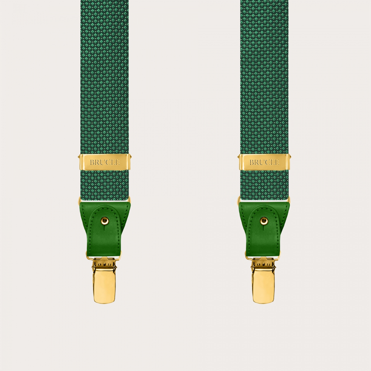 Green pin-dot silk suspenders with gold-tone metal fittings
