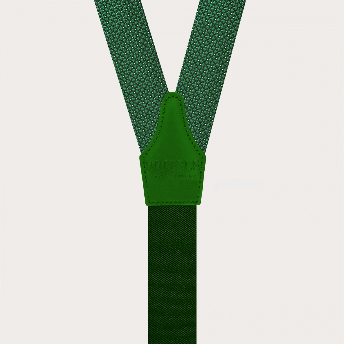 Green pin-dot suspenders for buttons with gold-tone metal parts
