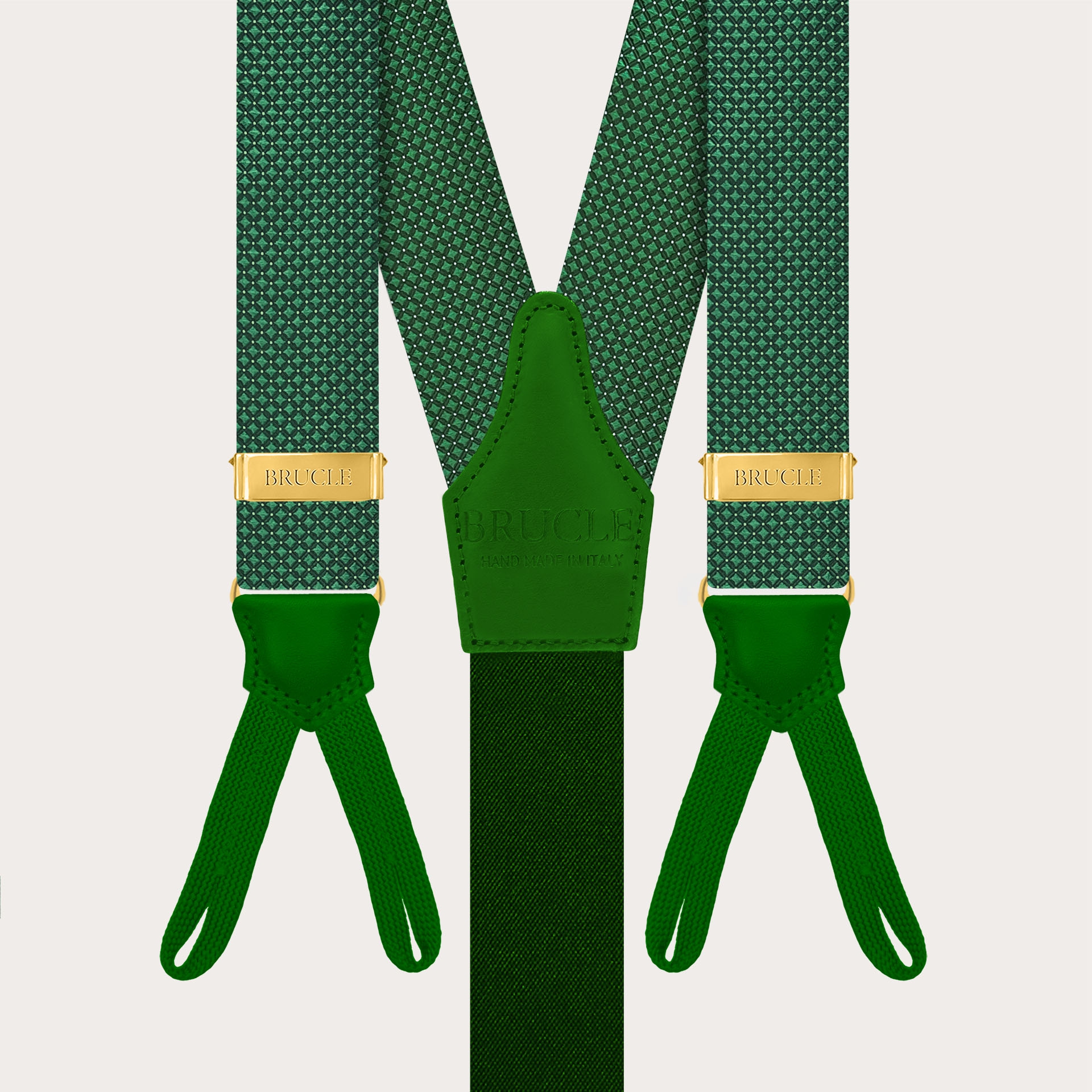 Bretelle verdi fantasia puntaspillo per bottoni con parti metalliche oro