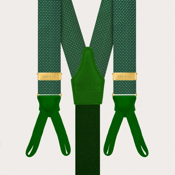 Green pin-dot suspenders for buttons with gold-tone metal parts