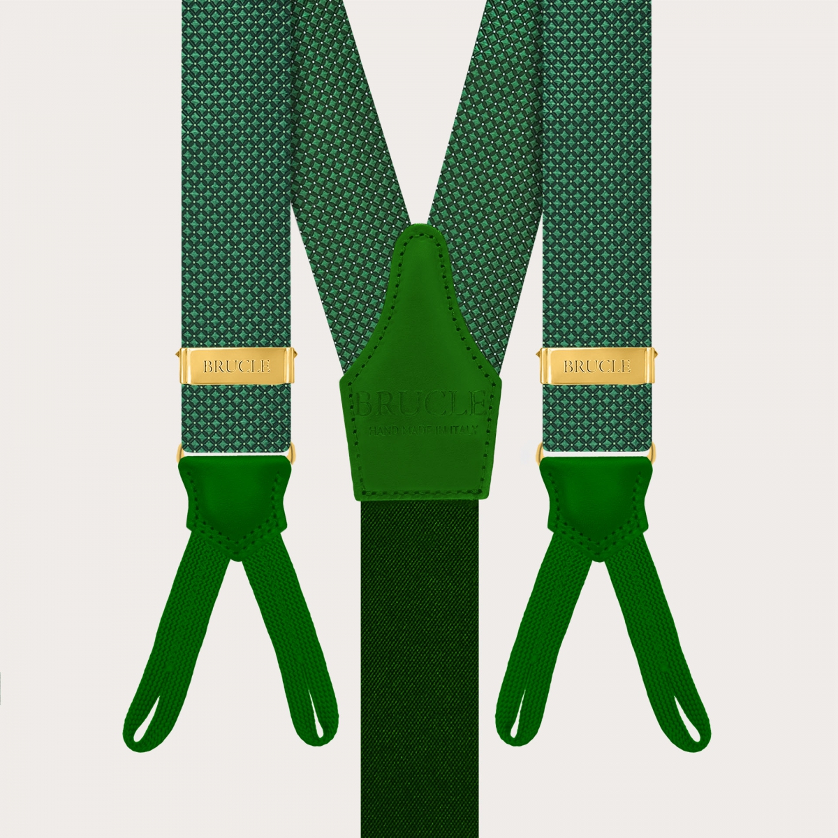 Green pin-dot suspenders for buttons with gold-tone metal parts