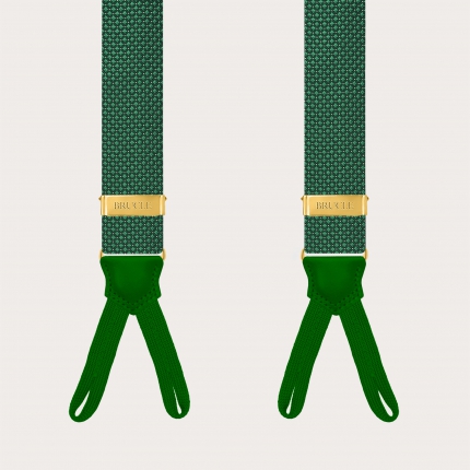 Green pin-dot suspenders for buttons with gold-tone metal parts