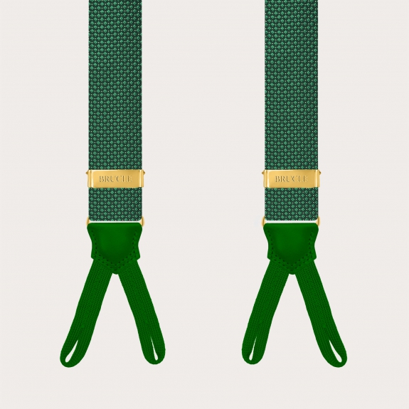 Green pin-dot suspenders for buttons with gold-tone metal parts