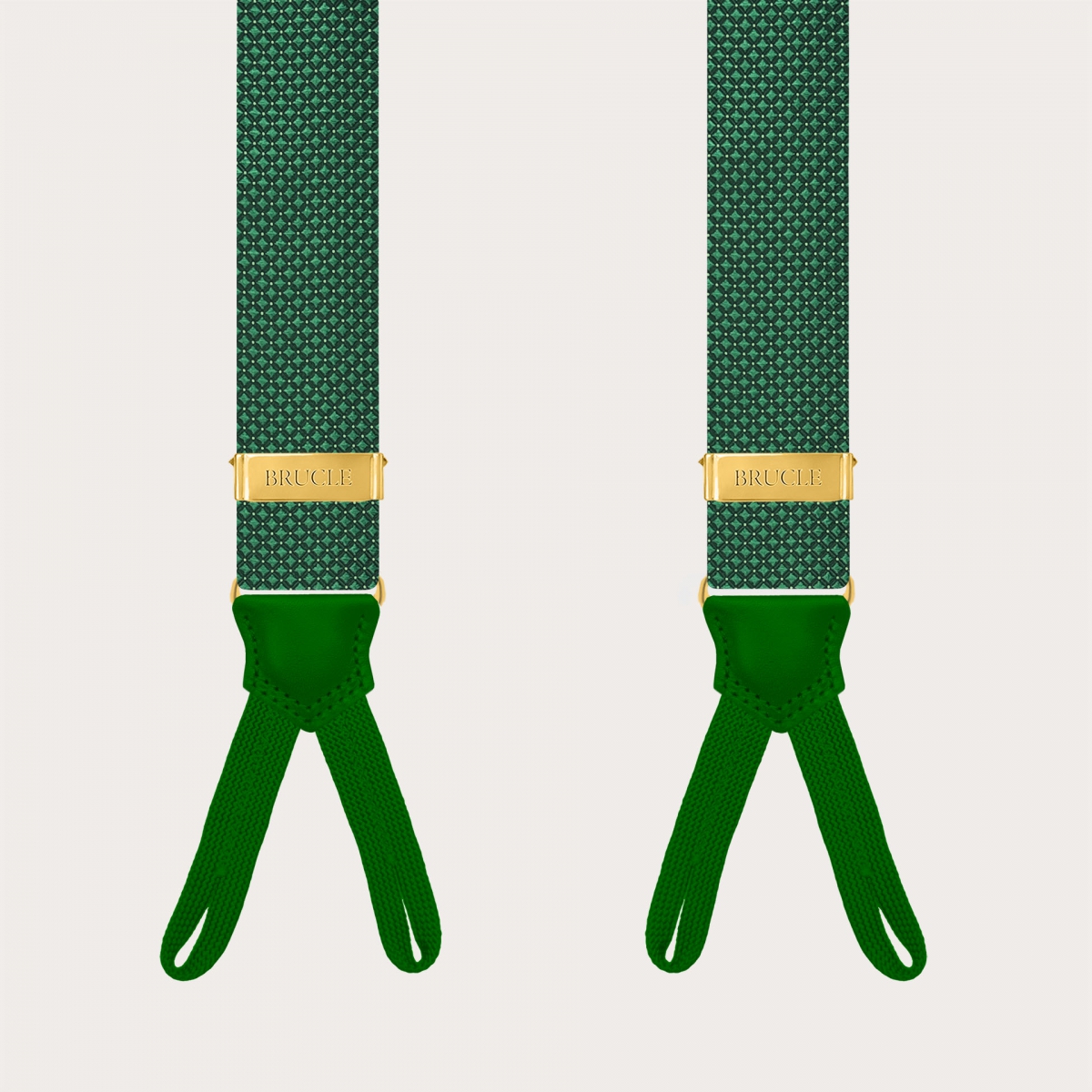 Green pin-dot suspenders for buttons with gold-tone metal parts