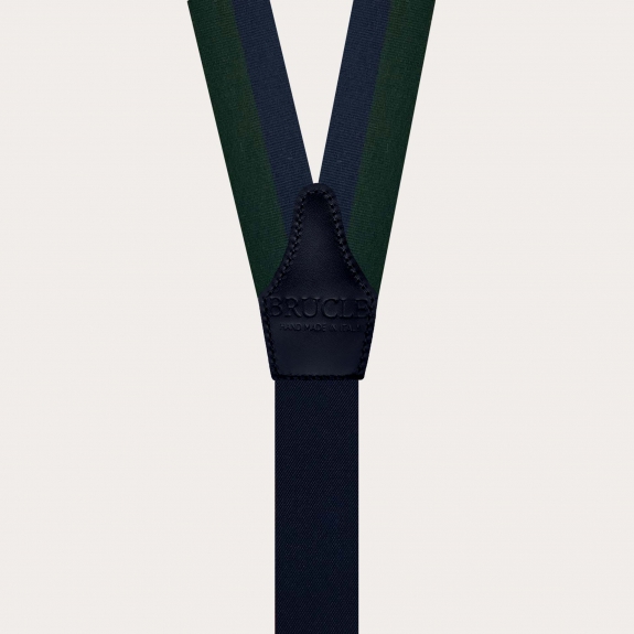 Men’s gold suspenders with green and blue stripes and buttonholes