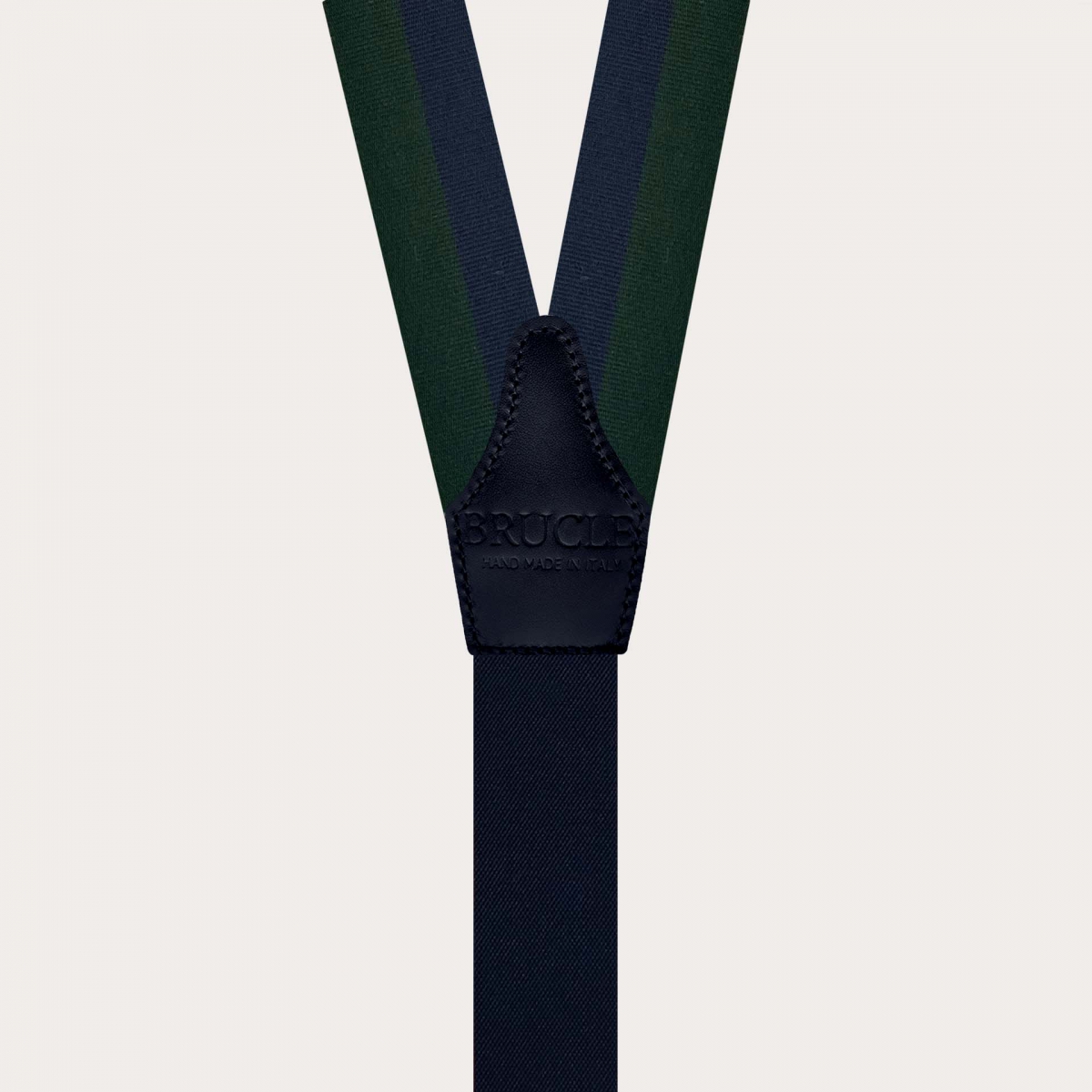 Men’s gold suspenders with green and blue stripes and buttonholes