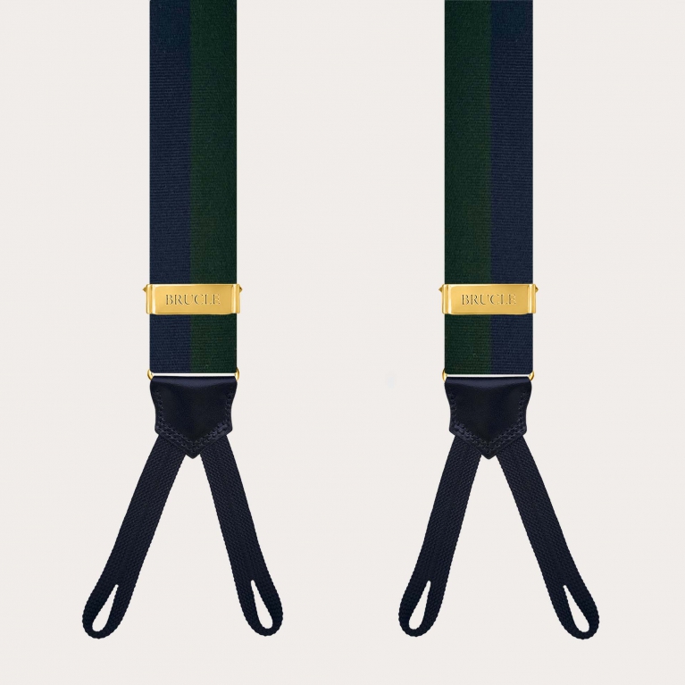 Men’s gold suspenders with green and blue stripes and buttonholes