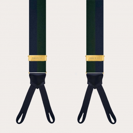 Men’s gold suspenders with green and blue stripes and buttonholes