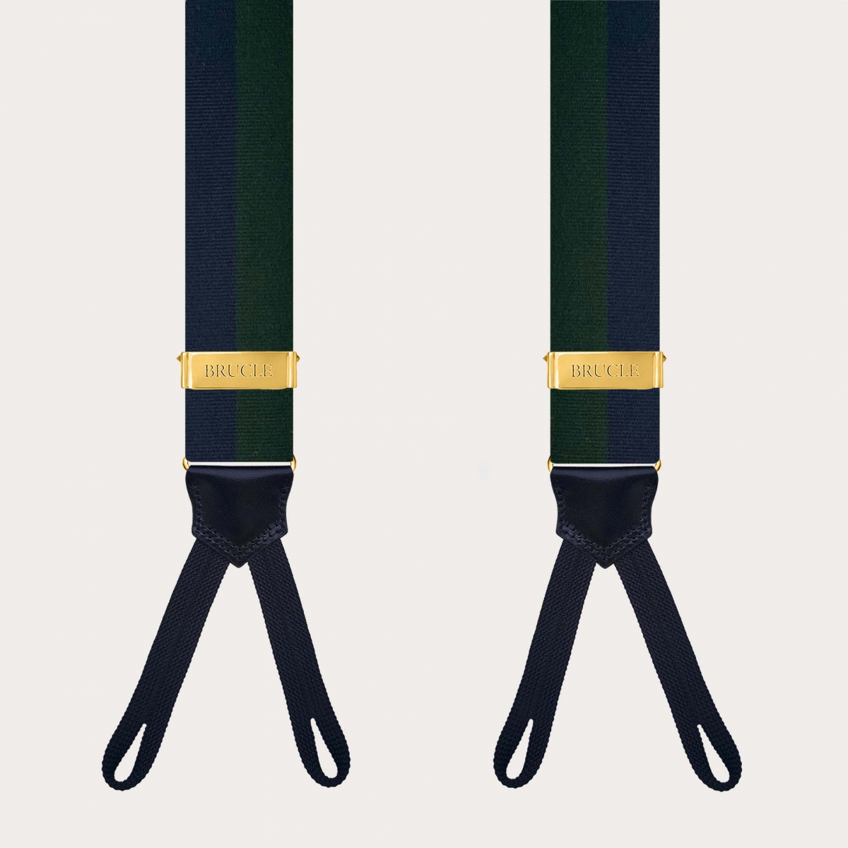 Men’s gold suspenders with green and blue stripes and buttonholes