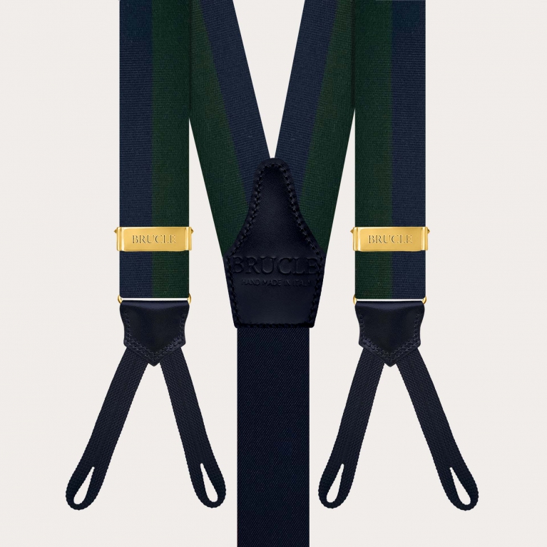 Men’s gold suspenders with green and blue stripes and buttonholes