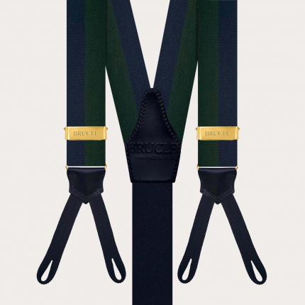 Men’s gold suspenders with green and blue stripes and buttonholes