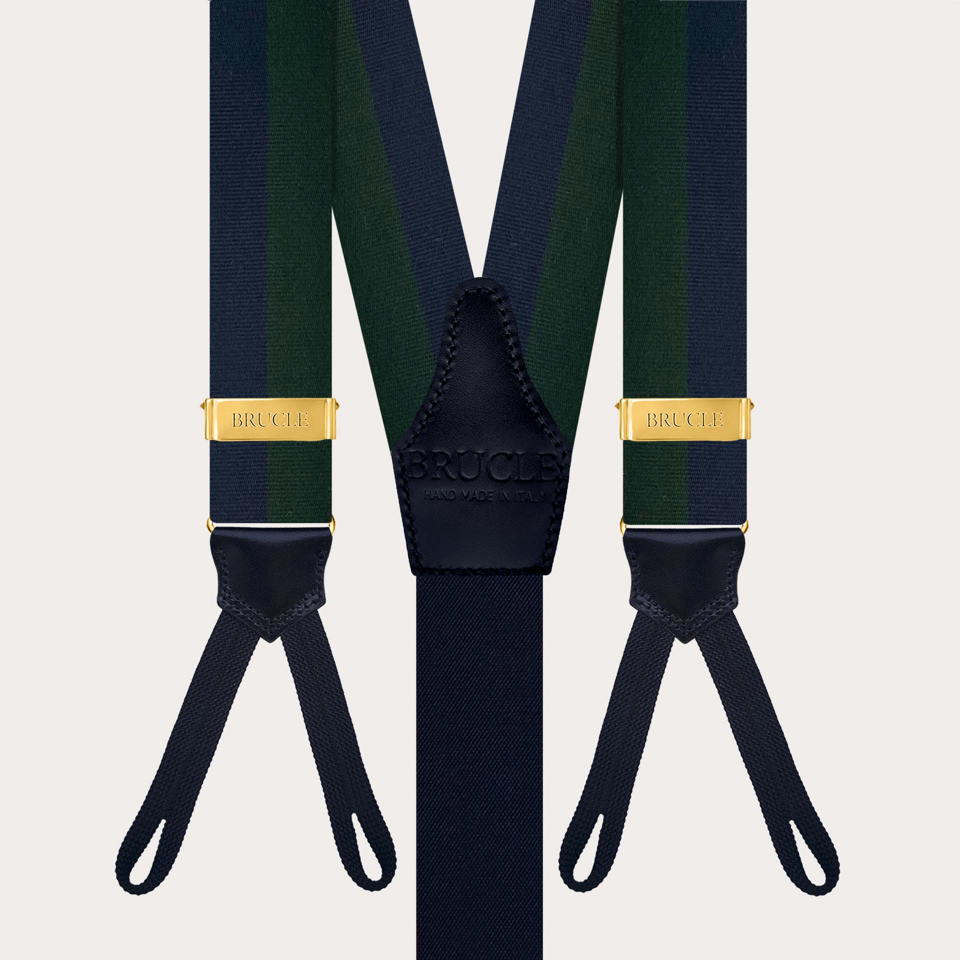 Men’s gold suspenders with green and blue stripes and buttonholes