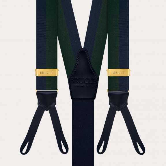 Men’s gold suspenders with green and blue stripes and buttonholes