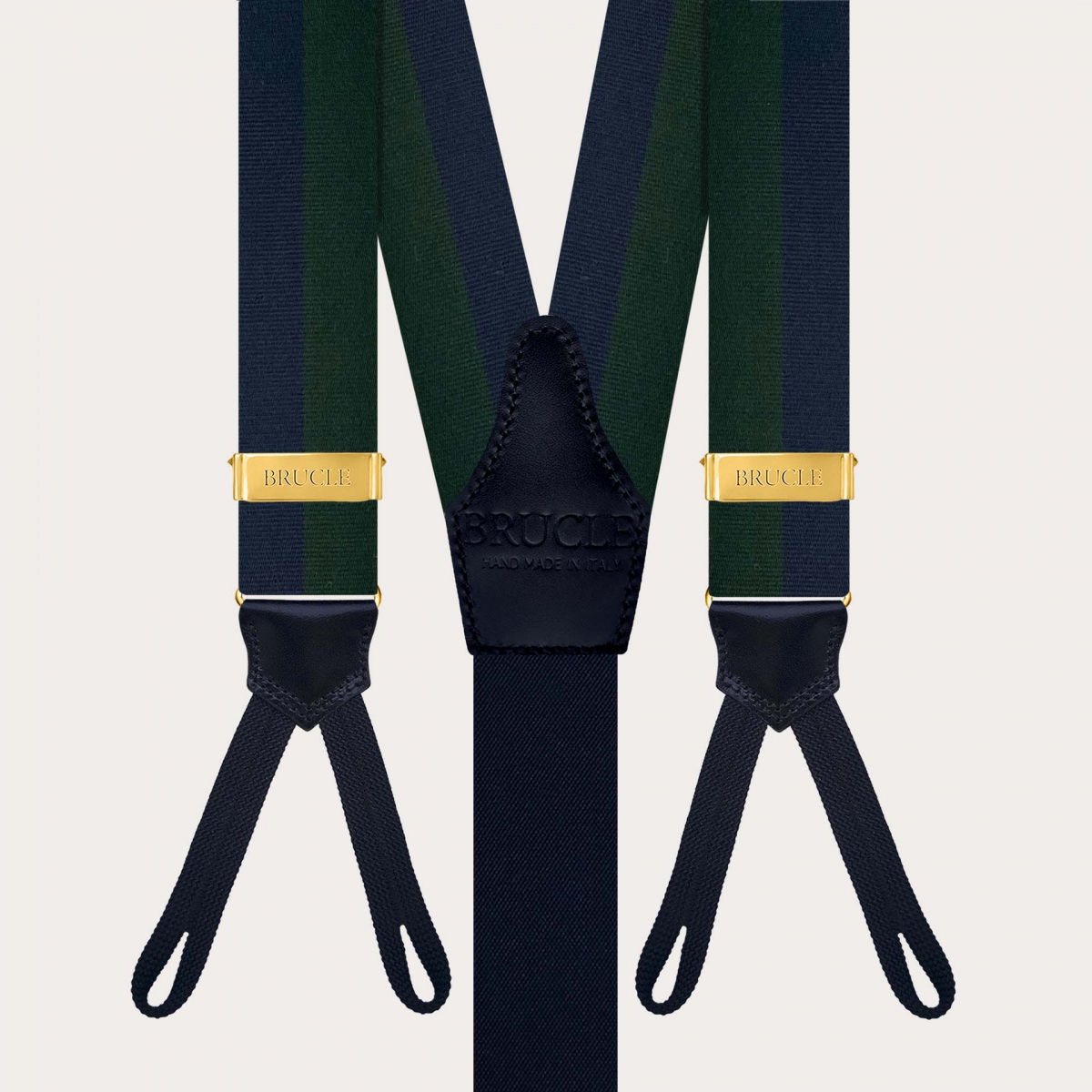 Men’s gold suspenders with green and blue stripes and buttonholes