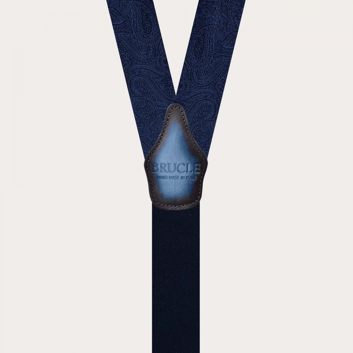 Men’s tone-on-tone blue paisley suspenders with gold clips