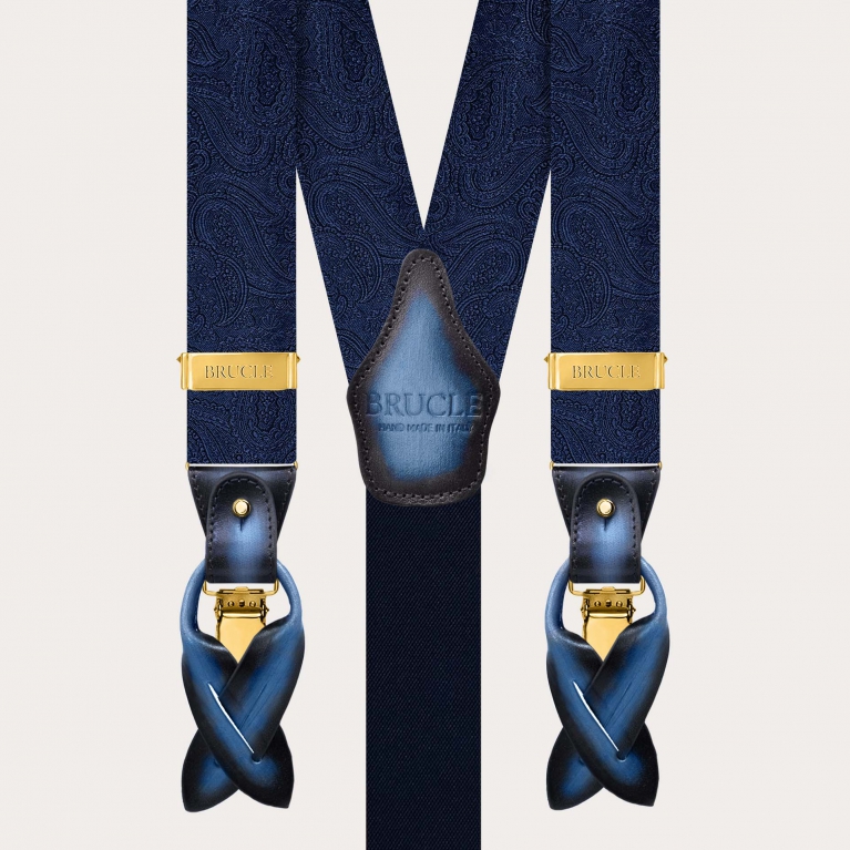 Men’s tone-on-tone blue paisley suspenders with gold clips