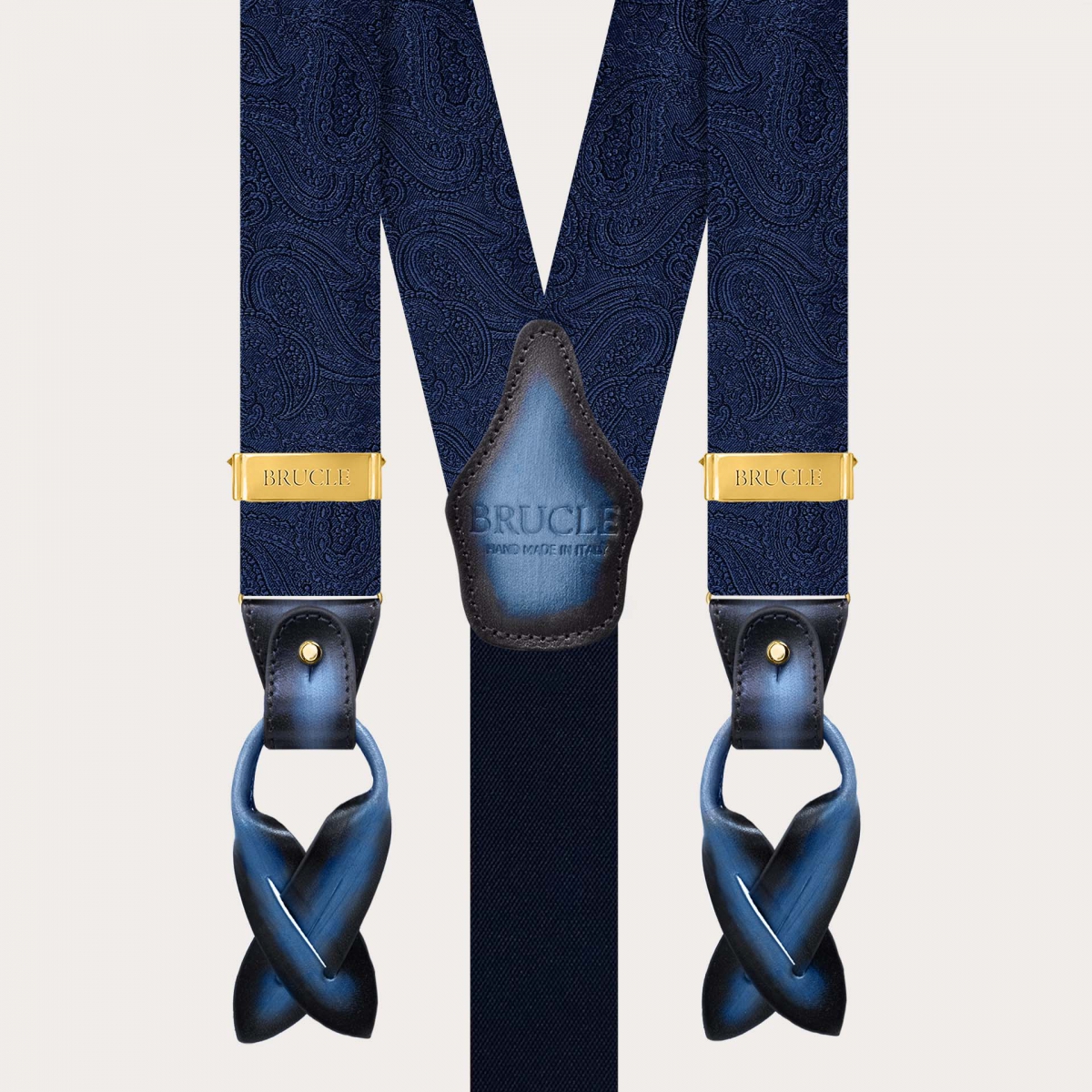 Men’s tone-on-tone blue paisley suspenders with gold clips