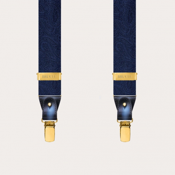 Bretelle uomo paisley blu tono su tono con clip oro