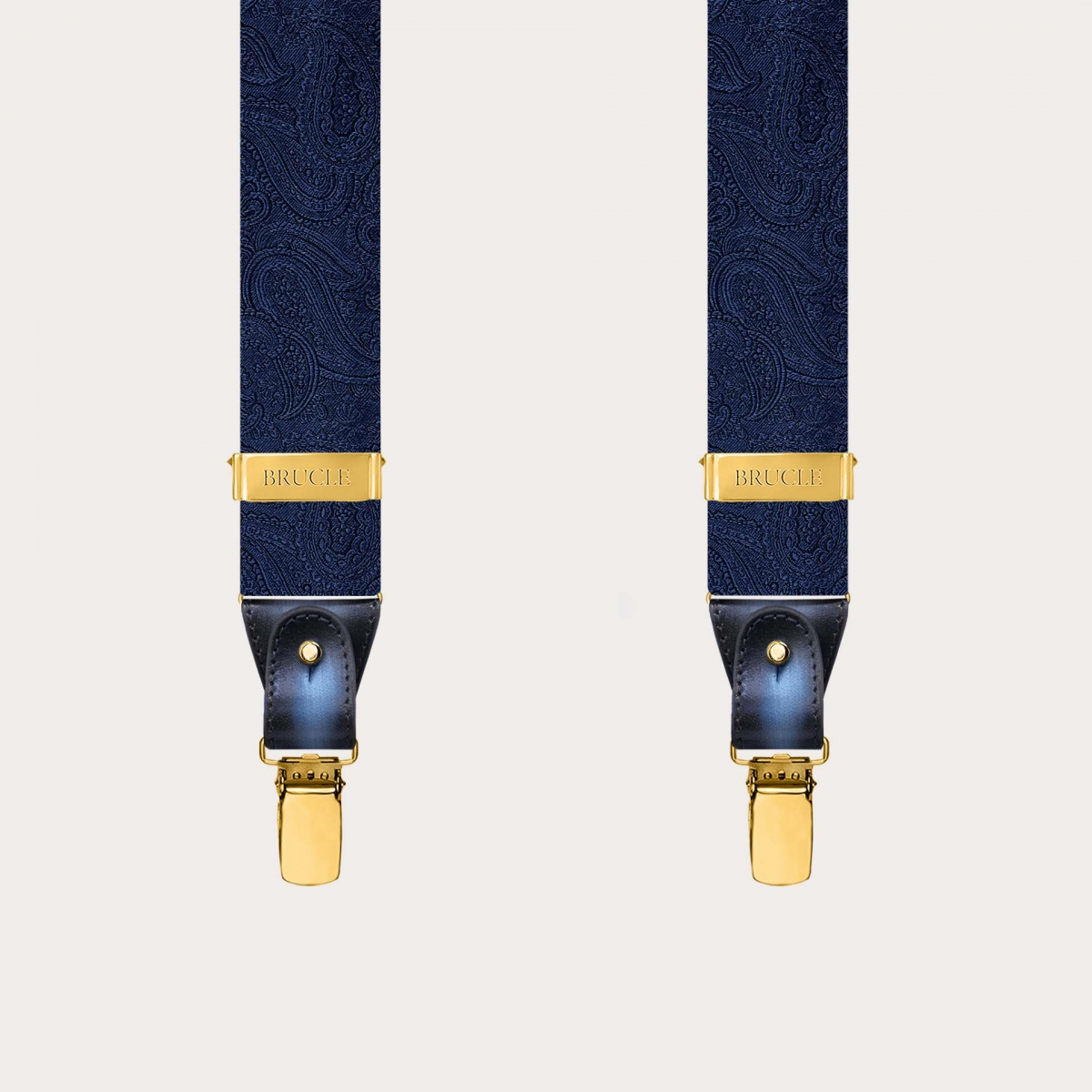 Men’s tone-on-tone blue paisley suspenders with gold clips