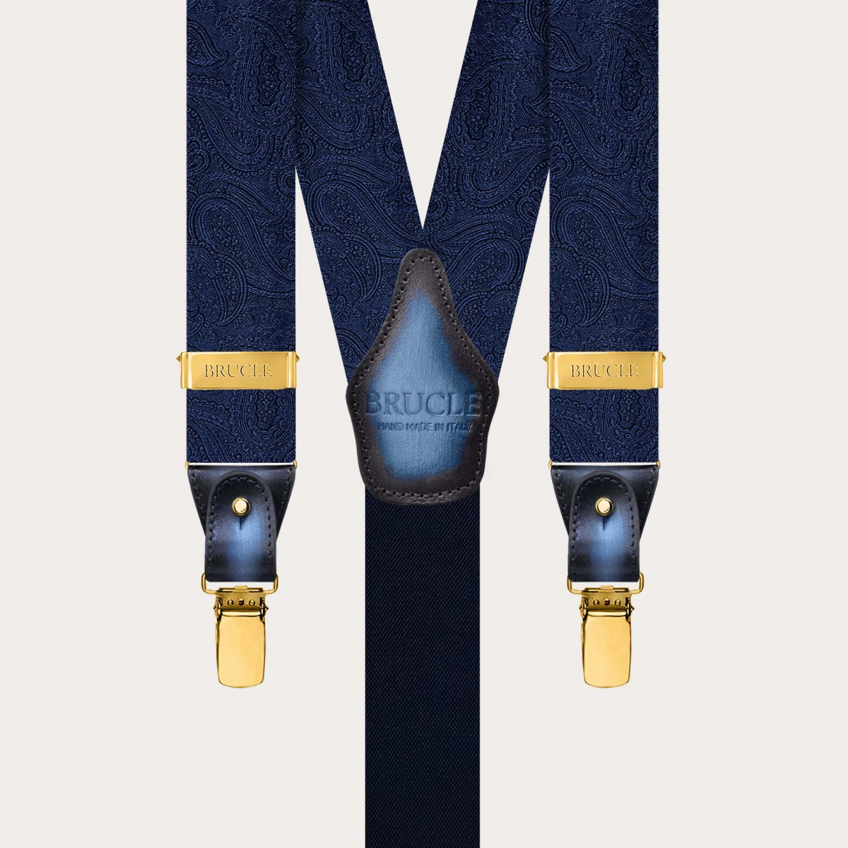 Men’s tone-on-tone blue paisley suspenders with gold clips