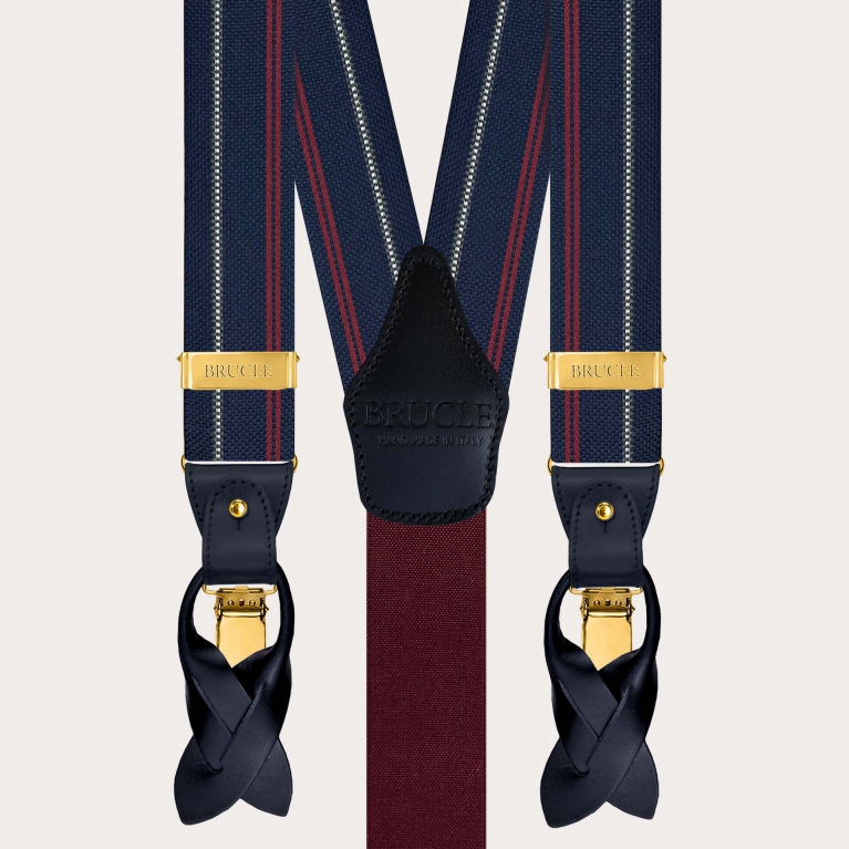 Blaue gestreifte Seidenhosenträger für Herren mit goldfarbenen Clips