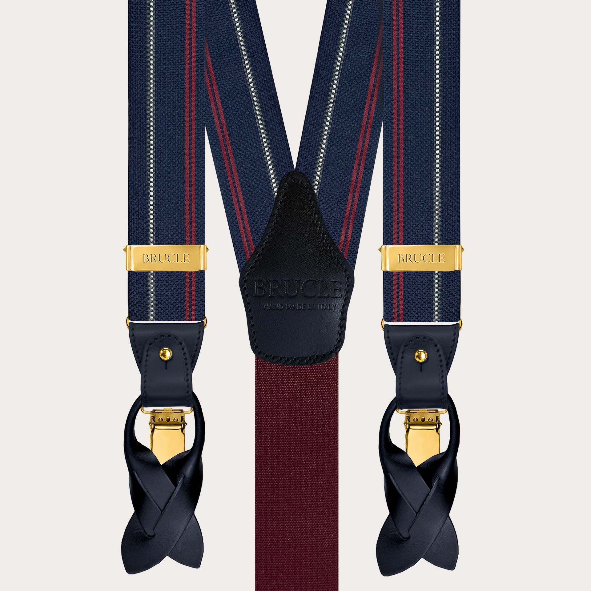 Tirantes de seda azul a rayas para hombre con clips dorados