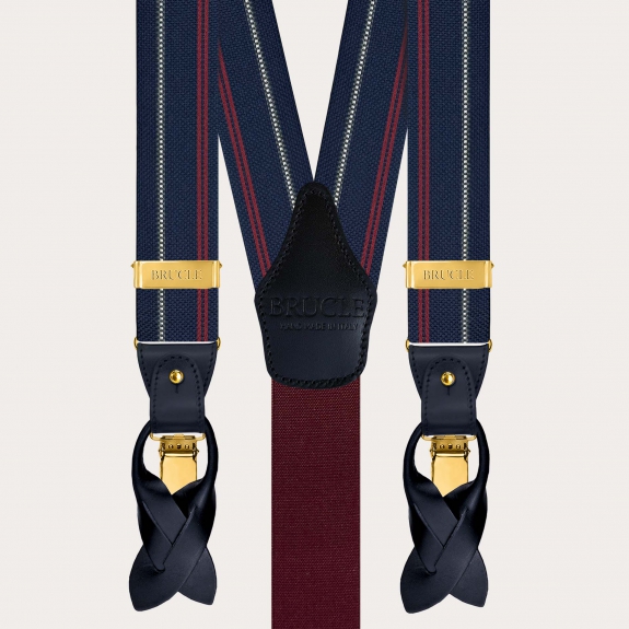 Bretelle uomo in seta blu a righe con clip oro