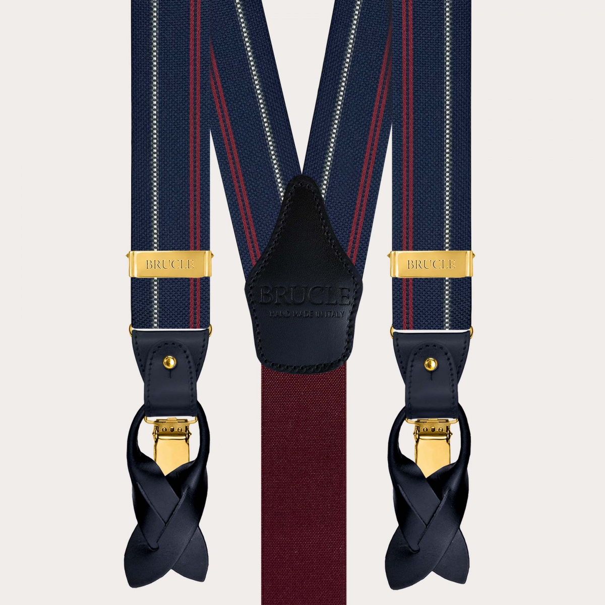 Bretelle uomo in seta blu a righe con clip oro