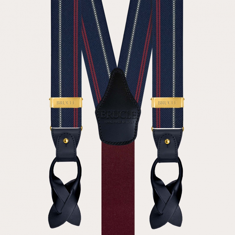 Bretelle uomo in seta blu a righe con clip oro